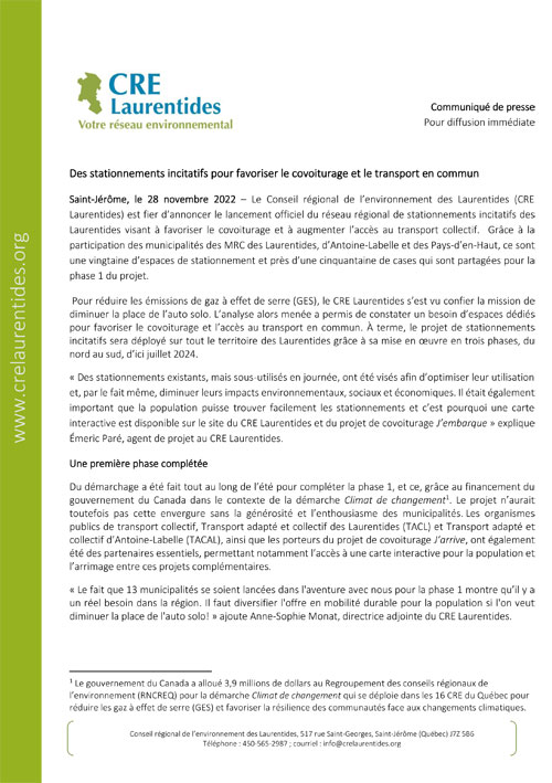 28 11 2022 CP Lancement réseau de stationnement incitatif des Laurentides 1