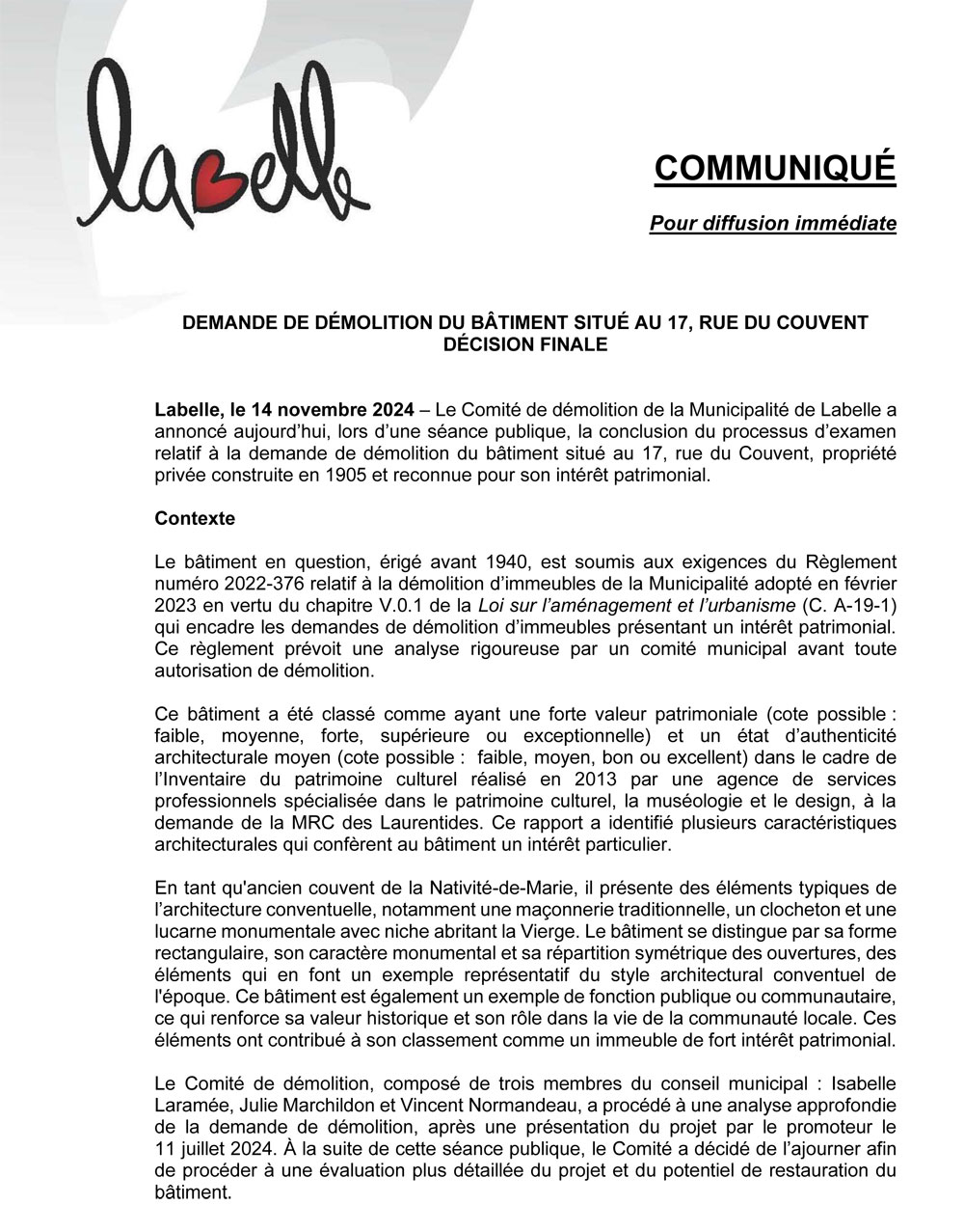 COMMUNIQUÉ décision suite à la demande de démolition du 17 rue du Couvent 1